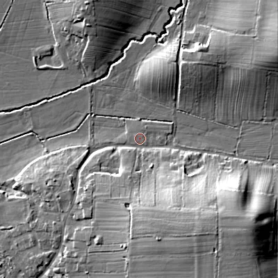 Shaded relief map of the ground around B966HQ, computed from Environment Agency LiDAR. The ground here sits at about 68 m above sea level and falls 21 m across the surrounding 800 m. Surface water reaching this point runs off ground lying to the south-south-east, 14.6 m higher.