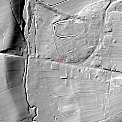 Shaded relief map of the ground around B966HX, computed from Environment Agency LiDAR. The ground here sits at about 66 m above sea level and falls 24 m across the surrounding 800 m. Surface water reaching this point runs off ground lying to the east-south-east, 15.7 m higher.