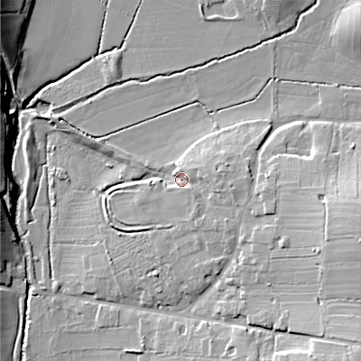 Shaded relief map of the ground around B966HY, computed from Environment Agency LiDAR. The ground here sits at about 69 m above sea level and falls 23 m across the surrounding 800 m. Surface water reaching this point runs off ground lying to the east, 6.5 m higher.