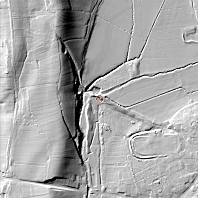 Shaded relief map of the ground around B966HZ, computed from Environment Agency LiDAR. The ground here sits at about 64 m above sea level and falls 35 m across the surrounding 800 m. Surface water reaching this point runs off ground lying to the east-south-east, 10.9 m higher.