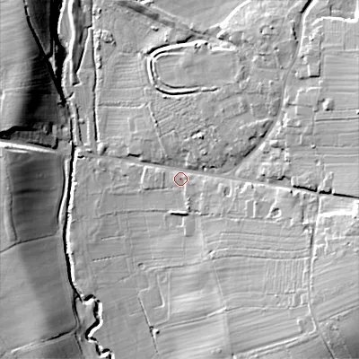 Shaded relief map of the ground around B966JE, computed from Environment Agency LiDAR. The ground here sits at about 66 m above sea level and falls 24 m across the surrounding 800 m. Surface water reaching this point runs off ground lying to the east-south-east, 16.0 m higher.