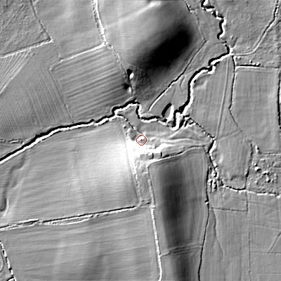 Shaded relief map of the ground around B966JJ, computed from Environment Agency LiDAR. The ground here sits at about 58 m above sea level and falls 14 m across the surrounding 800 m. Surface water reaching this point runs off ground lying to the south-south-east, 9.9 m higher.