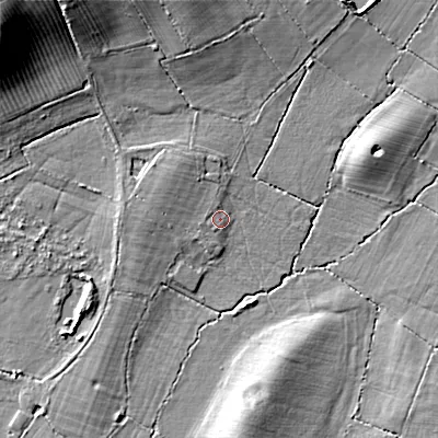 Shaded relief map of the ground around B966JL, computed from Environment Agency LiDAR. The ground here sits at about 62 m above sea level and falls 17 m across the surrounding 800 m. Surface water reaching this point runs off ground lying to the west-north-west, 1.0 m higher.
