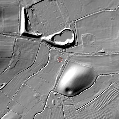 Shaded relief map of the ground around B966JR, computed from Environment Agency LiDAR. The ground here sits at about 65 m above sea level and falls 14 m across the surrounding 800 m. Surface water reaching this point runs off ground lying to the east, 1.5 m higher.