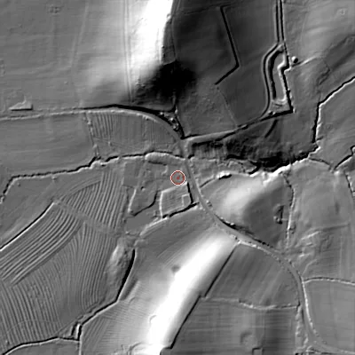 Shaded relief map of the ground around B966JT, computed from Environment Agency LiDAR. The ground here sits at about 72 m above sea level and falls 38 m across the surrounding 800 m. Surface water reaching this point runs off ground lying to the north-east, 0.8 m higher.