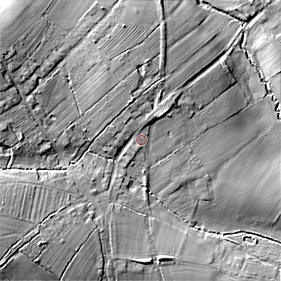 Shaded relief map of the ground around B966NX, computed from Environment Agency LiDAR. The ground here sits at about 84 m above sea level and falls 25 m across the surrounding 800 m. Surface water reaching this point runs off ground lying to the north-north-west, 3.5 m higher.