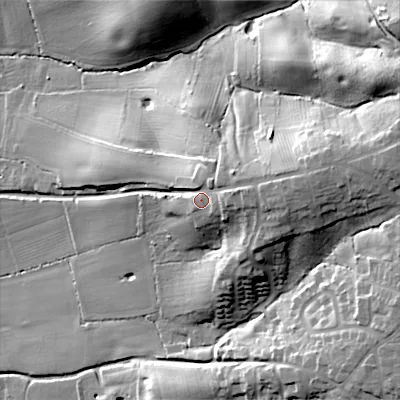 Shaded relief map of the ground around B966PS, computed from Environment Agency LiDAR. The ground here sits at about 133 m above sea level and falls 43 m across the surrounding 800 m. Surface water reaching this point runs off ground lying to the east-north-east, 10.7 m higher.