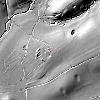 Shaded relief map of the ground around B966PX, computed from Environment Agency LiDAR. The ground here sits at about 87 m above sea level and falls 24 m across the surrounding 800 m. Surface water reaching this point runs off ground lying to the east, 2.3 m higher.