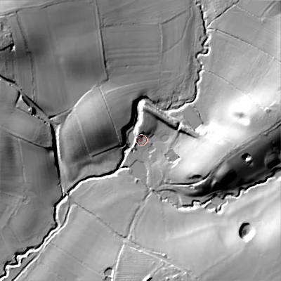 Shaded relief map of the ground around B966QA, computed from Environment Agency LiDAR. The ground here sits at about 75 m above sea level and falls 29 m across the surrounding 800 m. Surface water reaching this point runs off ground lying to the north-west, 24.4 m higher.