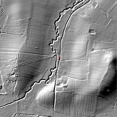 Shaded relief map of the ground around B966QB, computed from Environment Agency LiDAR. The ground here sits at about 70 m above sea level and falls 19 m across the surrounding 800 m. Surface water reaching this point runs off ground lying to the east, 16.4 m higher.