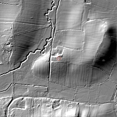 Shaded relief map of the ground around B966QD, computed from Environment Agency LiDAR. The ground here sits at about 75 m above sea level and falls 18 m across the surrounding 800 m. Surface water reaching this point runs off ground lying to the north-north-east, 4.5 m higher.