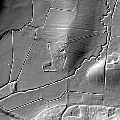 Shaded relief map of the ground around B966QH, computed from Environment Agency LiDAR. The ground here sits at about 70 m above sea level and falls 16 m across the surrounding 800 m. Surface water reaching this point runs off ground lying to the north-east, 5.4 m higher.