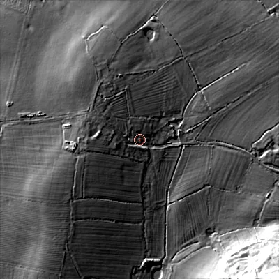 Shaded relief map of the ground around B966QS, computed from Environment Agency LiDAR. The ground here sits at about 72 m above sea level and falls 31 m across the surrounding 800 m. Surface water reaching this point runs off ground lying to the west, 4.9 m higher.
