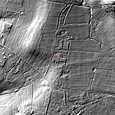 Shaded relief map of the ground around B966RR, computed from Environment Agency LiDAR. The ground here sits at about 68 m above sea level and falls 27 m across the surrounding 800 m. Surface water reaching this point runs off ground lying to the west-north-west, 0.6 m higher.