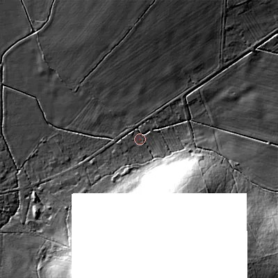 Shaded relief map of the ground around B966TB, computed from Environment Agency LiDAR. The ground here sits at about 45 m above sea level and falls 29 m across the surrounding 800 m. Surface water reaching this point runs off ground lying to the south-east, 24.7 m higher.