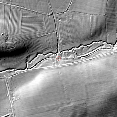 Shaded relief map of the ground around B966TG, computed from Environment Agency LiDAR. The ground here sits at about 47 m above sea level and falls 14 m across the surrounding 800 m. Surface water reaching this point runs off ground lying to the south, 6.8 m higher.