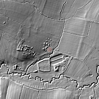 Shaded relief map of the ground around B966TJ, computed from Environment Agency LiDAR. The ground here sits at about 53 m above sea level and falls 17 m across the surrounding 800 m. Surface water reaching this point runs off ground lying to the west-north-west, 8.1 m higher.