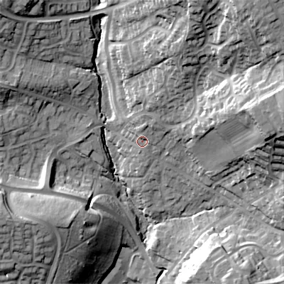Shaded relief map of the ground around B975NS, computed from Environment Agency LiDAR. The ground here sits at about 119 m above sea level and falls 44 m across the surrounding 800 m. Surface water reaching this point runs off ground lying to the north-north-east, 5.6 m higher.