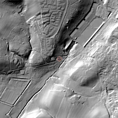 Shaded relief map of the ground around B975QP, computed from Environment Agency LiDAR. The ground here sits at about 103 m above sea level and falls 42 m across the surrounding 800 m. Surface water reaching this point runs off ground lying to the north-west, 15.4 m higher.