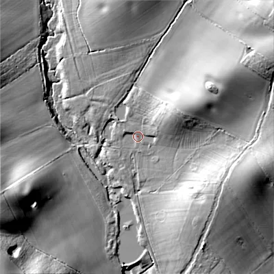 Shaded relief map of the ground around B975UH, computed from Environment Agency LiDAR. The ground here sits at about 98 m above sea level and falls 29 m across the surrounding 800 m. Surface water reaching this point runs off ground lying to the east-north-east, 10.3 m higher.