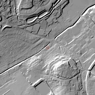 Shaded relief map of the ground around B976AW, computed from Environment Agency LiDAR. The ground here sits at about 96 m above sea level and falls 26 m across the surrounding 800 m. Surface water reaching this point runs off ground lying to the south-south-east, 21.6 m higher.