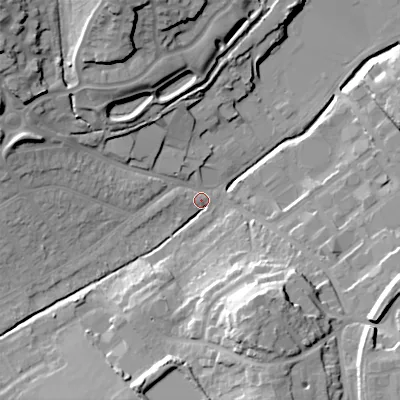 Shaded relief map of the ground around B976BA, computed from Environment Agency LiDAR. The ground here sits at about 96 m above sea level and falls 27 m across the surrounding 800 m. Surface water reaching this point runs off ground lying to the south-south-east, 21.6 m higher.