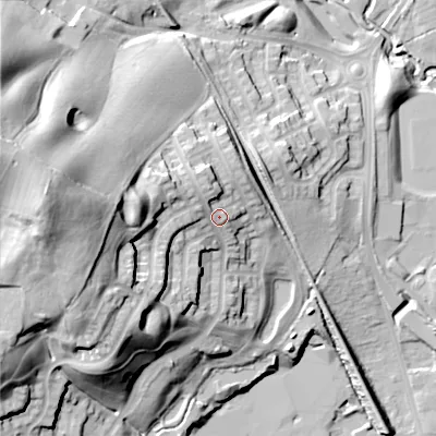 Shaded relief map of the ground around B976BQ, computed from Environment Agency LiDAR. The ground here sits at about 112 m above sea level and falls 58 m across the surrounding 800 m. Surface water reaching this point runs off ground lying to the west, 33.7 m higher.