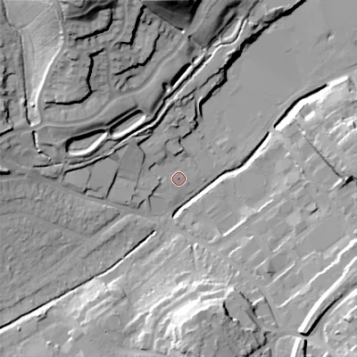 Shaded relief map of the ground around B976DJ, computed from Environment Agency LiDAR. The ground here sits at about 96 m above sea level and falls 38 m across the surrounding 800 m. Surface water reaching this point runs off ground lying to the north-north-west, 6.9 m higher.
