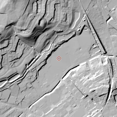 Shaded relief map of the ground around B976EF, computed from Environment Agency LiDAR. The ground here sits at about 94 m above sea level and falls 49 m across the surrounding 800 m. Surface water reaching this point runs off ground lying to the north-west, 47.4 m higher.