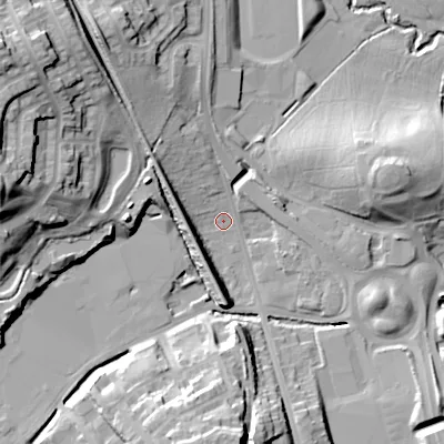 Shaded relief map of the ground around B976EH, computed from Environment Agency LiDAR. The ground here sits at about 92 m above sea level and falls 34 m across the surrounding 800 m. Surface water reaching this point runs off ground lying to the west, 31.7 m higher.