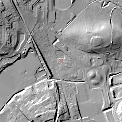 Shaded relief map of the ground around B976EL, computed from Environment Agency LiDAR. The ground here sits at about 93 m above sea level and falls 30 m across the surrounding 800 m. Surface water reaching this point runs off ground lying to the north-west, 28.7 m higher.