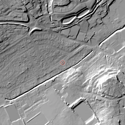 Shaded relief map of the ground around B976HY, computed from Environment Agency LiDAR. The ground here sits at about 98 m above sea level and falls 26 m across the surrounding 800 m. Surface water reaching this point runs off ground lying to the north-west, 21.3 m higher.