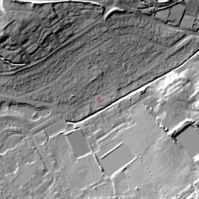Shaded relief map of the ground around B976JA, computed from Environment Agency LiDAR. The ground here sits at about 100 m above sea level and falls 26 m across the surrounding 800 m. Surface water reaching this point runs off ground lying to the west-north-west, 3.7 m higher.