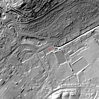 Shaded relief map of the ground around B976JB, computed from Environment Agency LiDAR. The ground here sits at about 102 m above sea level and falls 23 m across the surrounding 800 m. Surface water reaching this point runs off ground lying to the south-east, 16.8 m higher.