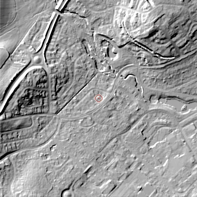 Shaded relief map of the ground around B976JG, computed from Environment Agency LiDAR. The ground here sits at about 107 m above sea level and falls 23 m across the surrounding 800 m. Surface water reaching this point runs off ground lying to the south-west, 3.3 m higher.