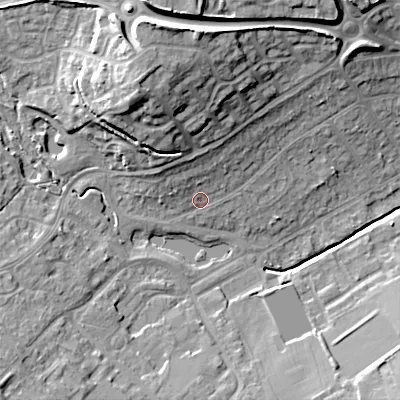 Shaded relief map of the ground around B976JT, computed from Environment Agency LiDAR. The ground here sits at about 104 m above sea level and falls 23 m across the surrounding 800 m. Surface water reaching this point runs off ground lying to the north-north-west, 5.3 m higher.