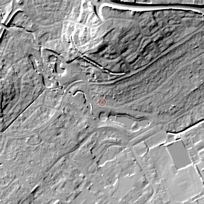 Shaded relief map of the ground around B976JX, computed from Environment Agency LiDAR. The ground here sits at about 104 m above sea level and falls 22 m across the surrounding 800 m. Surface water reaching this point runs off ground lying to the north, 10.0 m higher.