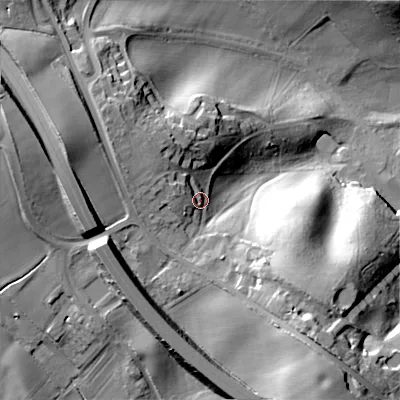 Shaded relief map of the ground around B976QE, computed from Environment Agency LiDAR. The ground here sits at about 149 m above sea level and falls 39 m across the surrounding 800 m. Surface water reaching this point runs off ground lying to the west, 8.2 m higher.