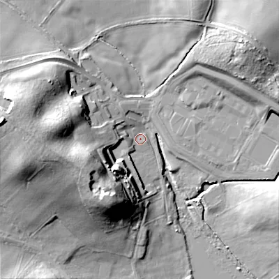 Shaded relief map of the ground around B976QT, computed from Environment Agency LiDAR. The ground here sits at about 126 m above sea level and falls 31 m across the surrounding 800 m. Surface water reaching this point runs off ground lying to the west-south-west, 21.0 m higher.