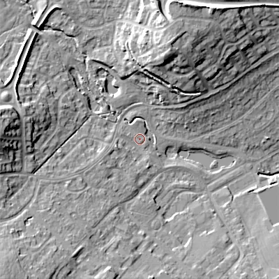Shaded relief map of the ground around B976SA, computed from Environment Agency LiDAR. The ground here sits at about 105 m above sea level and falls 21 m across the surrounding 800 m. Surface water reaching this point runs off ground lying to the west-south-west, 4.1 m higher.