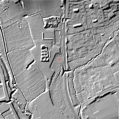 Shaded relief map of the ground around B980DD, computed from Environment Agency LiDAR. The ground here sits at about 72 m above sea level and falls 18 m across the surrounding 800 m. Surface water reaching this point runs off ground lying to the north-north-west, 4.5 m higher.
