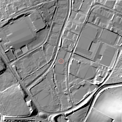 Shaded relief map of the ground around B980DH, computed from Environment Agency LiDAR. The ground here sits at about 68 m above sea level and falls 22 m across the surrounding 800 m. Surface water reaching this point runs off ground lying to the north-east, 1.9 m higher.