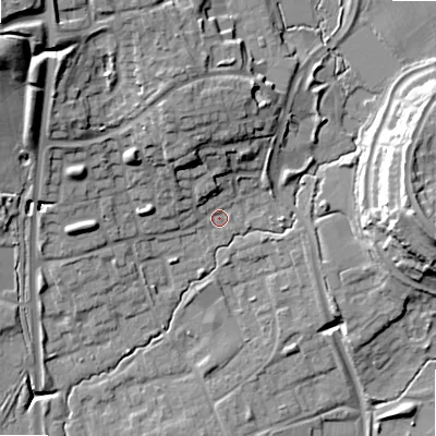Shaded relief map of the ground around B980ET, computed from Environment Agency LiDAR. The ground here sits at about 72 m above sea level and falls 27 m across the surrounding 800 m. Surface water reaching this point runs off ground lying to the north, 5.9 m higher.