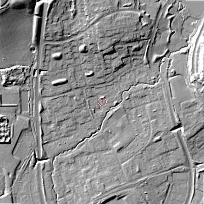 Shaded relief map of the ground around B980EU, computed from Environment Agency LiDAR. The ground here sits at about 72 m above sea level and falls 28 m across the surrounding 800 m. Surface water reaching this point runs off ground lying to the north-north-west, 14.6 m higher.
