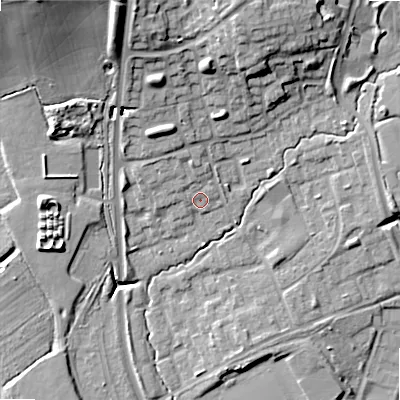 Shaded relief map of the ground around B980EX, computed from Environment Agency LiDAR. The ground here sits at about 72 m above sea level and falls 24 m across the surrounding 800 m. Surface water reaching this point runs off ground lying to the north-west, 1.9 m higher.