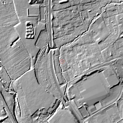 Shaded relief map of the ground around B980EY, computed from Environment Agency LiDAR. The ground here sits at about 71 m above sea level and falls 14 m across the surrounding 800 m. Surface water reaching this point runs off ground lying to the north-north-west, 11.8 m higher.