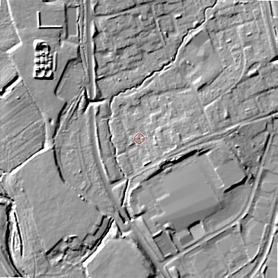 Shaded relief map of the ground around B980EZ, computed from Environment Agency LiDAR. The ground here sits at about 71 m above sea level and falls 13 m across the surrounding 800 m. Surface water reaching this point runs off ground lying to the east-south-east, 2.6 m higher.