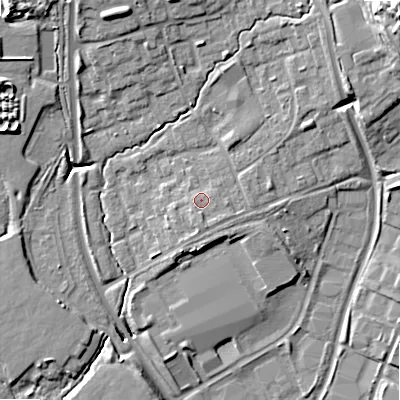 Shaded relief map of the ground around B980HB, computed from Environment Agency LiDAR. The ground here sits at about 72 m above sea level and falls 20 m across the surrounding 800 m. Surface water reaching this point runs off ground lying to the south-south-east, 1.8 m higher.