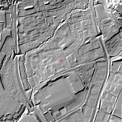 Shaded relief map of the ground around B980HD, computed from Environment Agency LiDAR. The ground here sits at about 72 m above sea level and falls 24 m across the surrounding 800 m. Surface water reaching this point runs off ground lying to the south, 1.0 m higher.