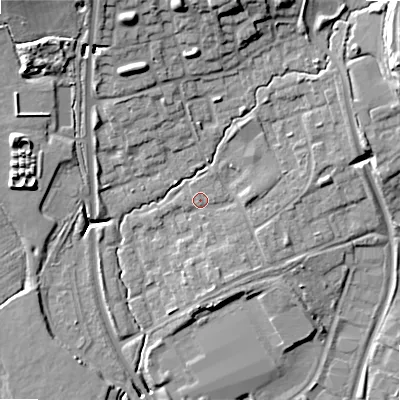 Shaded relief map of the ground around B980HE, computed from Environment Agency LiDAR. The ground here sits at about 72 m above sea level and falls 16 m across the surrounding 800 m. Surface water reaching this point runs off ground lying to the east-north-east, 3.0 m higher.